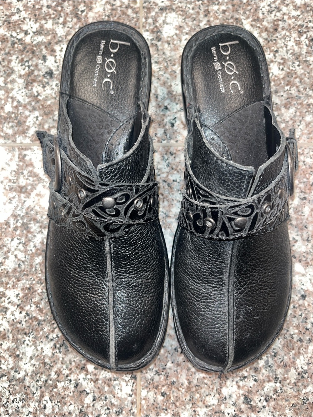 b.o.c. Black Leather Slip-On Clogs with Decorative Cutout Strap